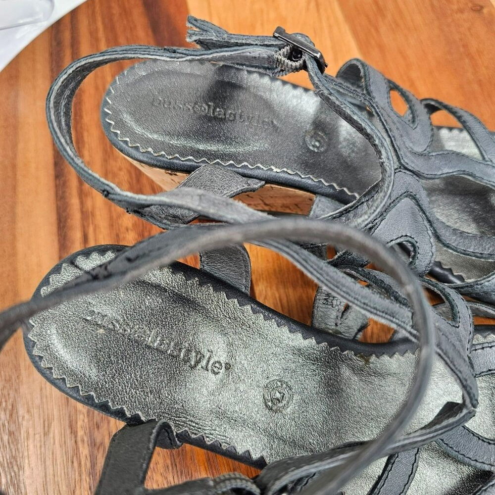 Bussola Saint Tropez Wedges Sandals 40 9.5 Black Graphite Leather Cork Strappy - Picture 4 of 16
